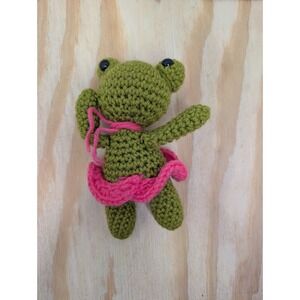 Handmade Crochet Frog Plush Green Pink Tutu Amigurumi Stuffed Animal Toy
